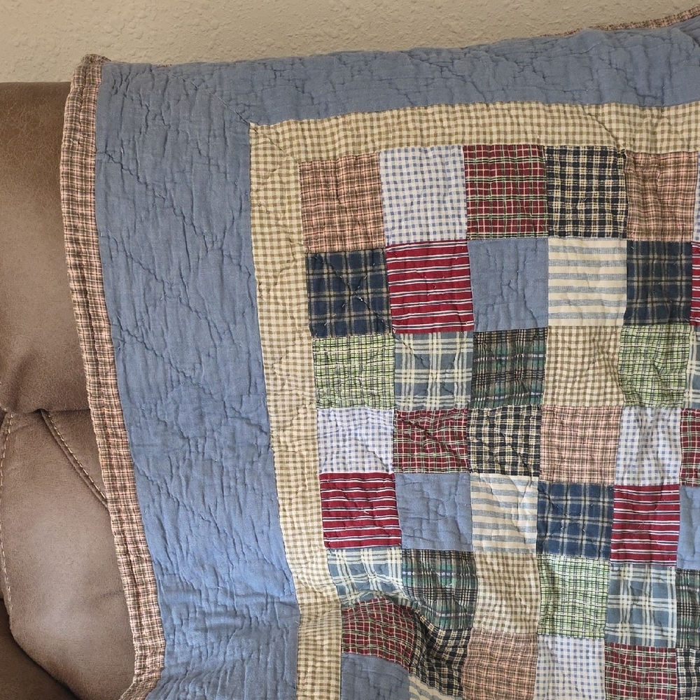 Patchwork Cotton Quilt - Blue, Red, Green Plaid - Picture 2 of 7